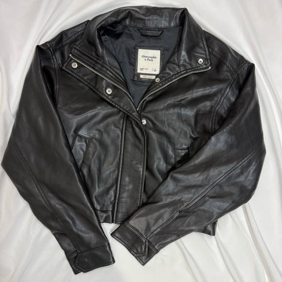 Abercrombie & Fitch Black Vegan Leather Moto Jacket Button/Zip up BikerCore SM - Picture 1 of 8